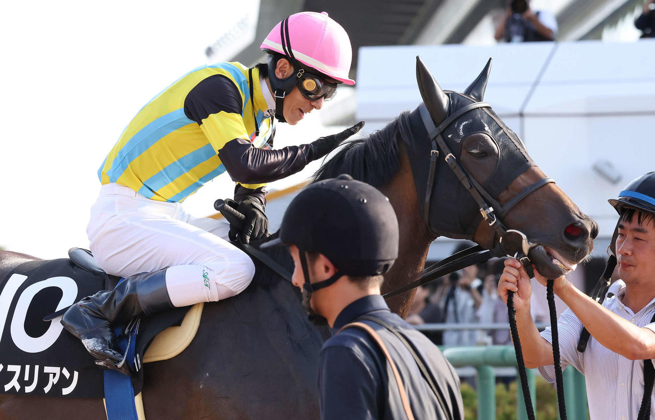 初風Sを制したアイスリアンの首筋をなでてねぎらう津村騎手（撮影・丹羽敏通）