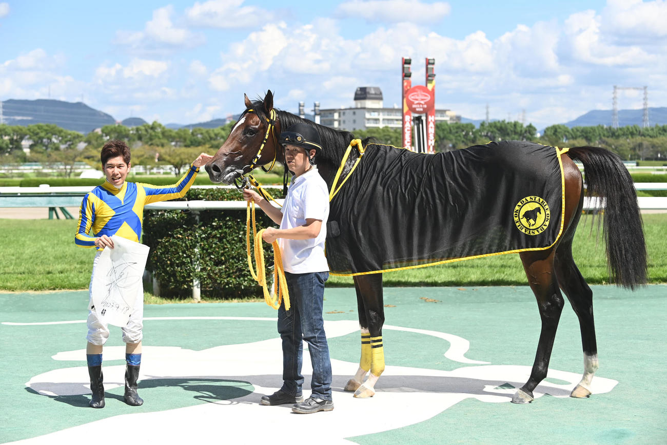 阪神4R新馬戦を制したストームバンガードと水口騎手（撮影・滝沢美穂子）