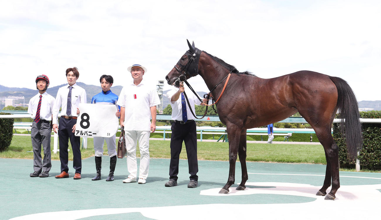 阪神5R、新馬戦を制したアルバニーと口取りに並ぶ団野騎手（中央）（撮影・白石智彦）
