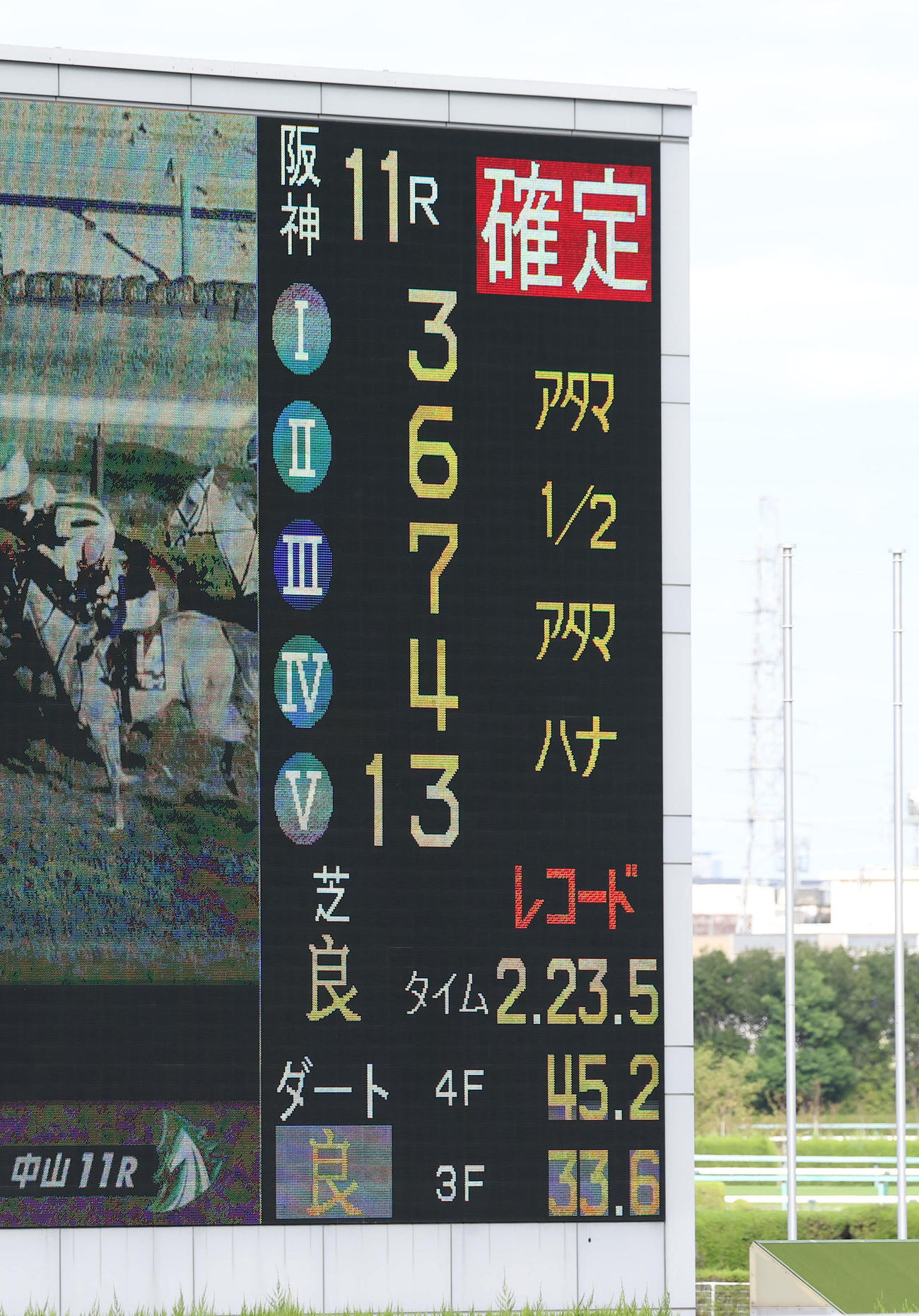神戸新聞杯、レコードタイムを表示する着順掲示板（撮影・白石智彦）