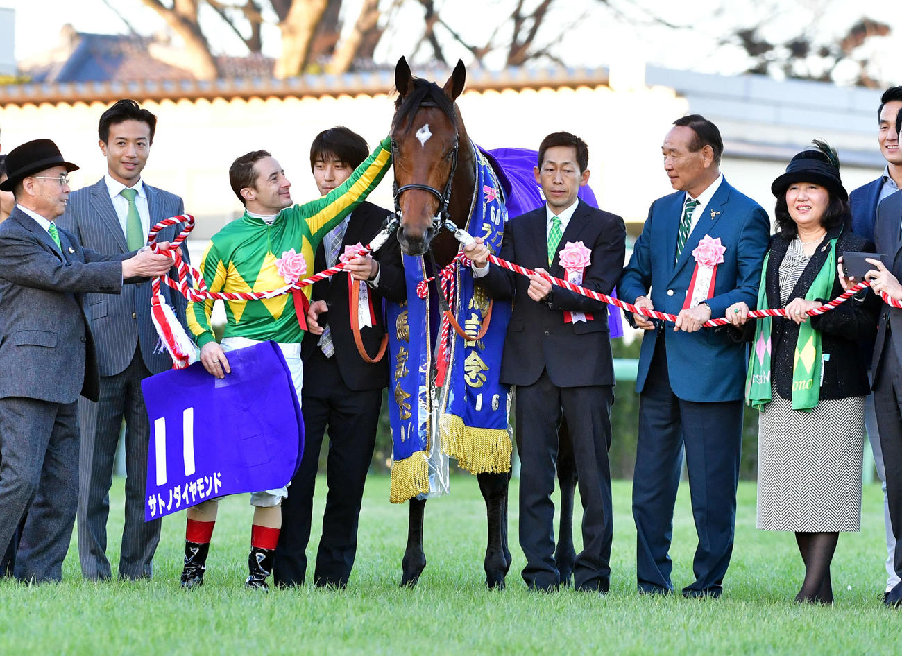 16年有馬記念を制し、サトノダイヤモンドの頭をなでてねぎらうC・ルメール騎手