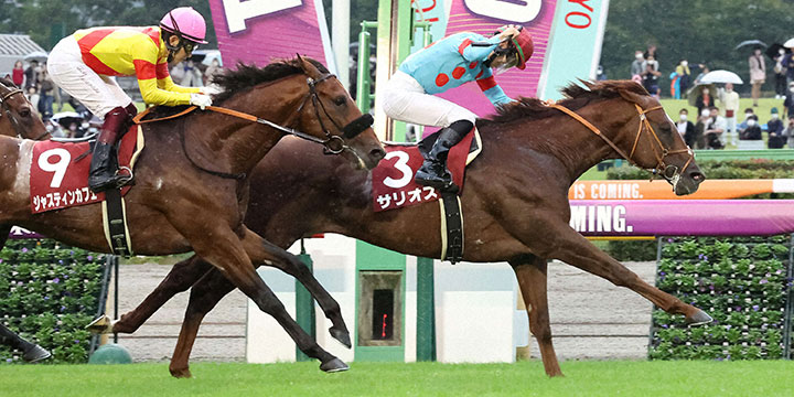 サリオスで毎日王冠を制してガッツポーズを決める松山騎手（撮影・丹羽敏通）＝2022年10月9日、東京競馬場