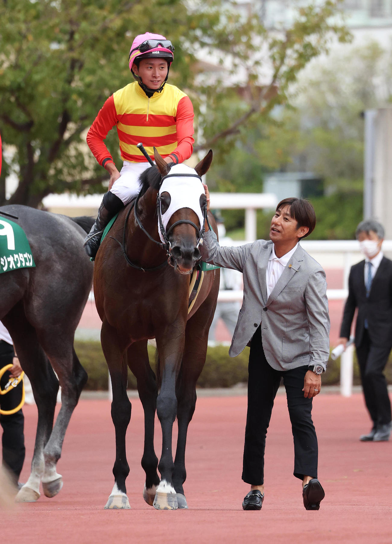 阪神11R、シリウスSを制したハギノアレグリアスをねぎらう四位師（撮影・白石智彦）