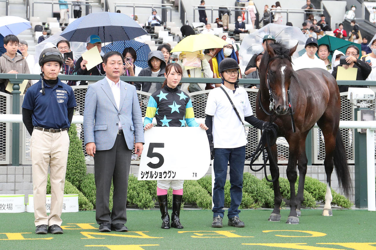 シゲルショウグンで京都7Rを勝利し口取りに並ぶ永島騎手（左から3人目）（撮影・白石智彦）