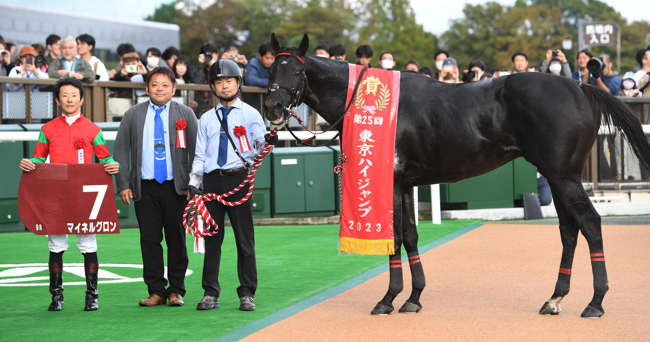 東京9R、最終の飛越をする東京ハイJを制したマイネルグロン、左から石神騎手、青木調教師（撮影・柴田隆二）