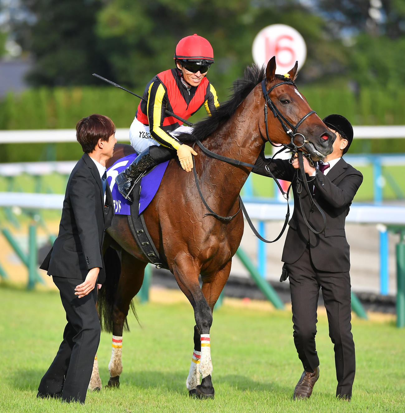 3冠達成したリバティアイランドをねぎらう川田騎手（撮影・清水貴仁）