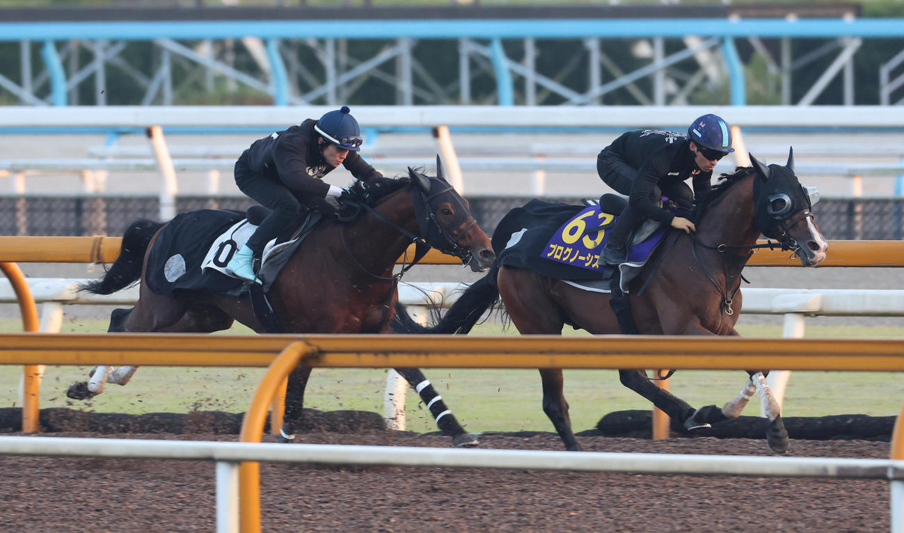 川田騎手を背にCWコースで併せ馬で追い切るプログノーシス（右）