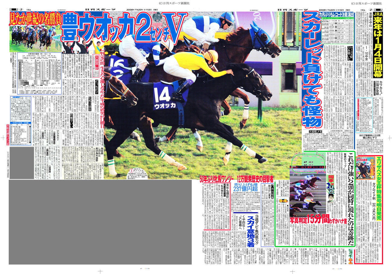 08年11月3日付の天皇賞・秋の結果紙面