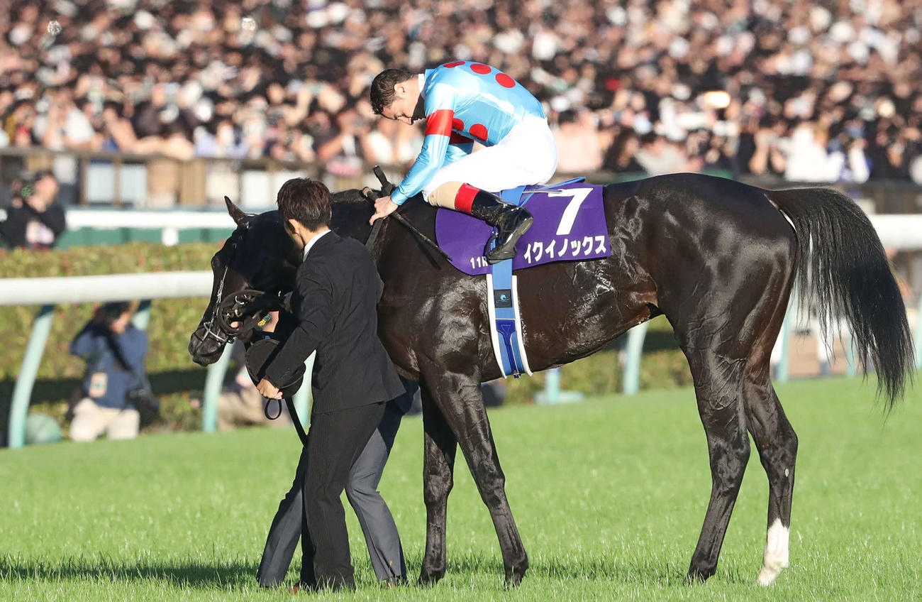 馬上礼するルメール騎手と同じタイミングで頭を下げるイクイノックス（撮影・丹羽敏通）