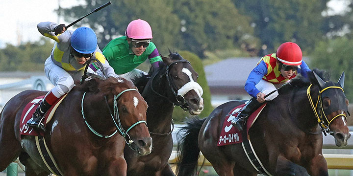 直線力強く伸びてアルゼンチン共和国杯を制したブレークアップと田辺騎手（左）（撮影・丹羽敏通）＝2022年11月6日、東京競馬場