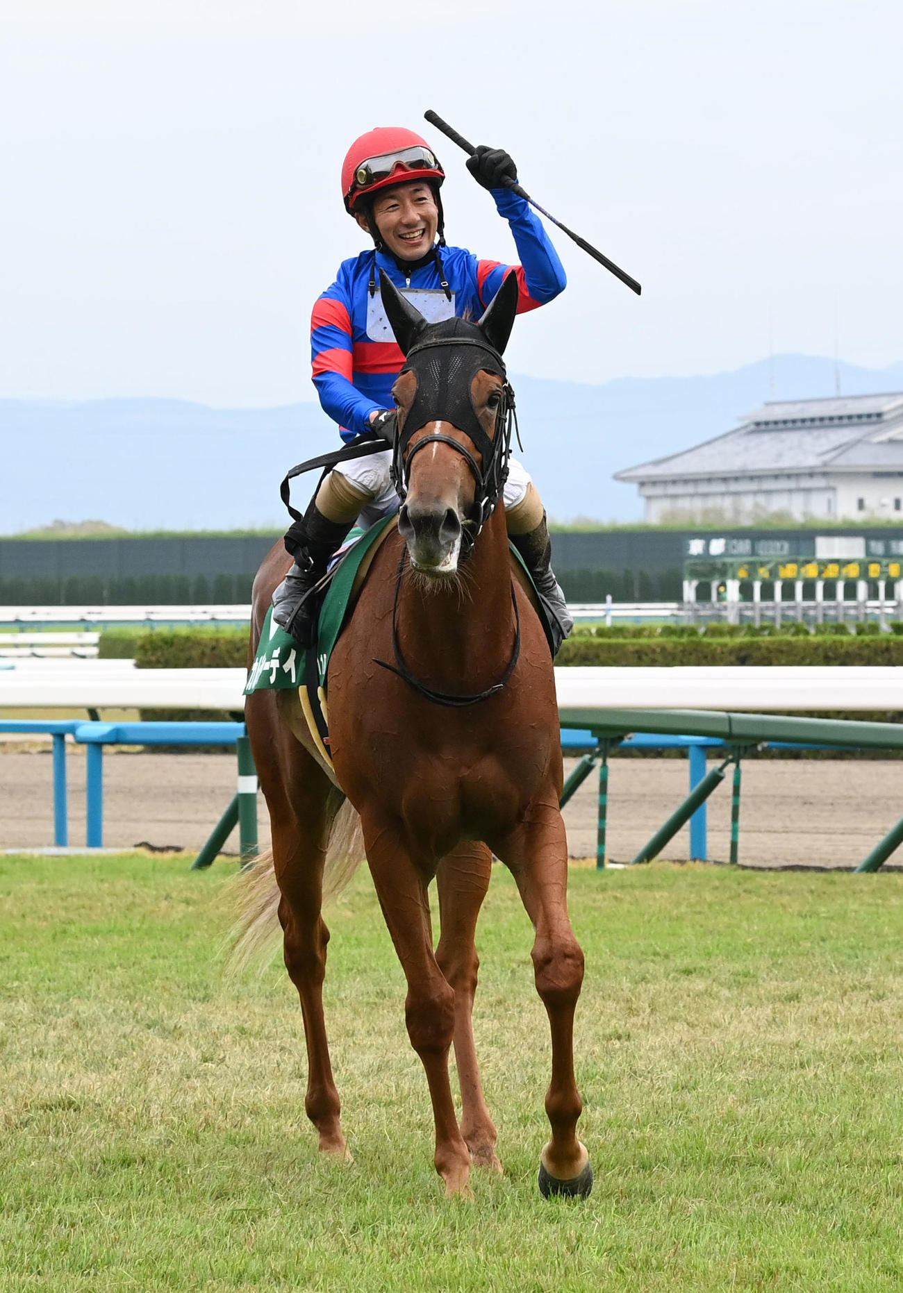 カルチャーデイでファンタジーSを制しガッツポーズの酒井騎手（撮影・前岡正明）