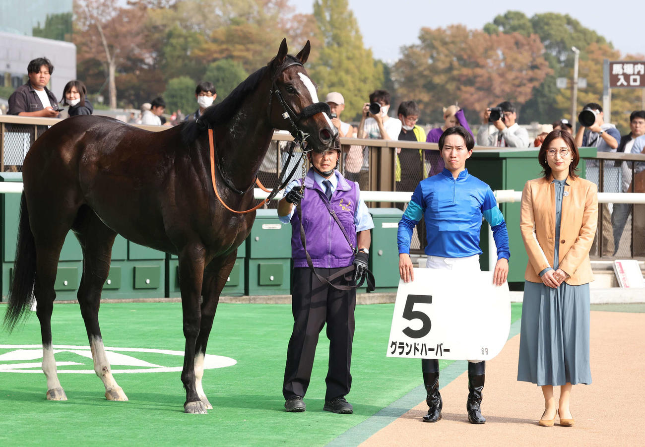 東京6R新馬戦を制したグランドハーバーの口取りをする菅原明騎手（撮影・丹羽敏通）