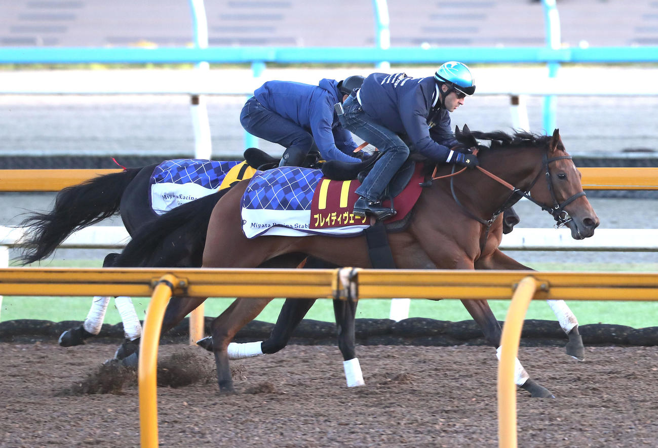 ノワールドゥジェ（奥）と併せ馬で追い切るブレイディヴェーグ（撮影・白石智彦）