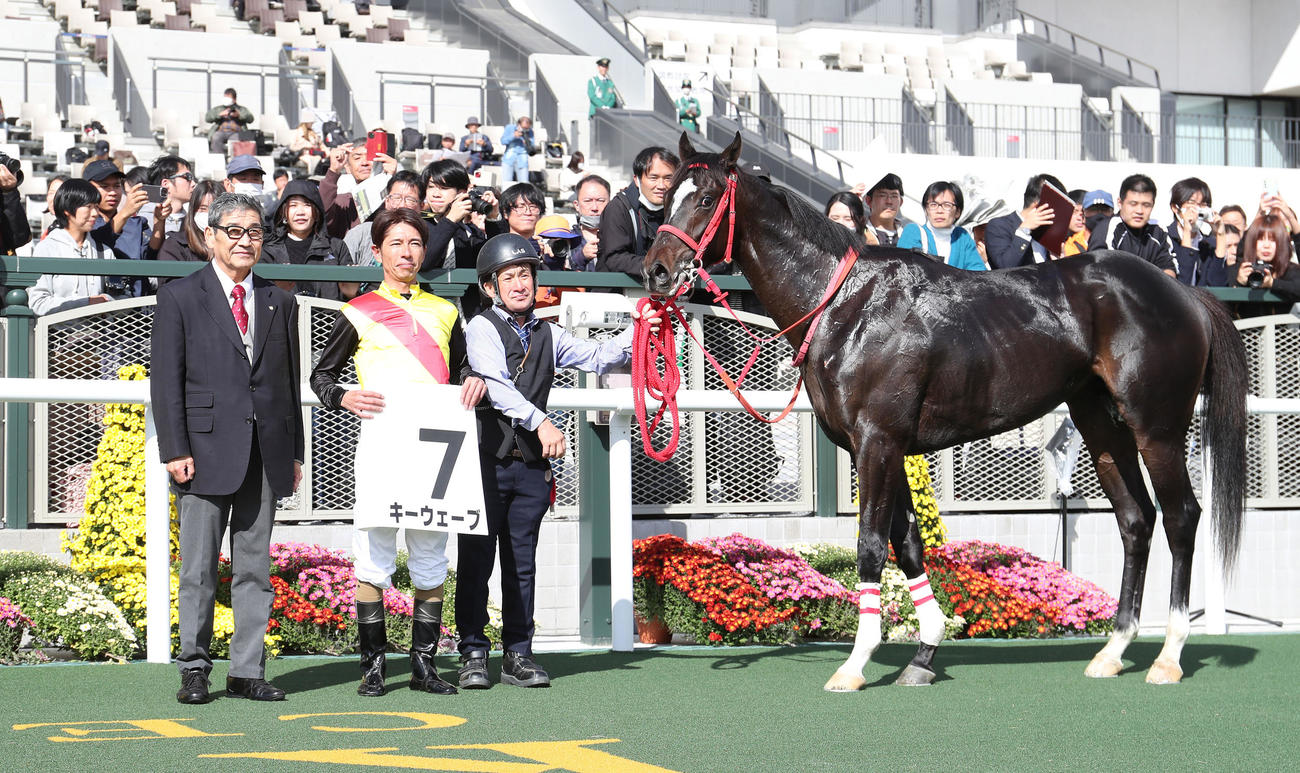 京都4R、新馬戦を制したキーウェーブと口取りに並ぶ和田竜騎手（中央）（撮影・白石智彦）