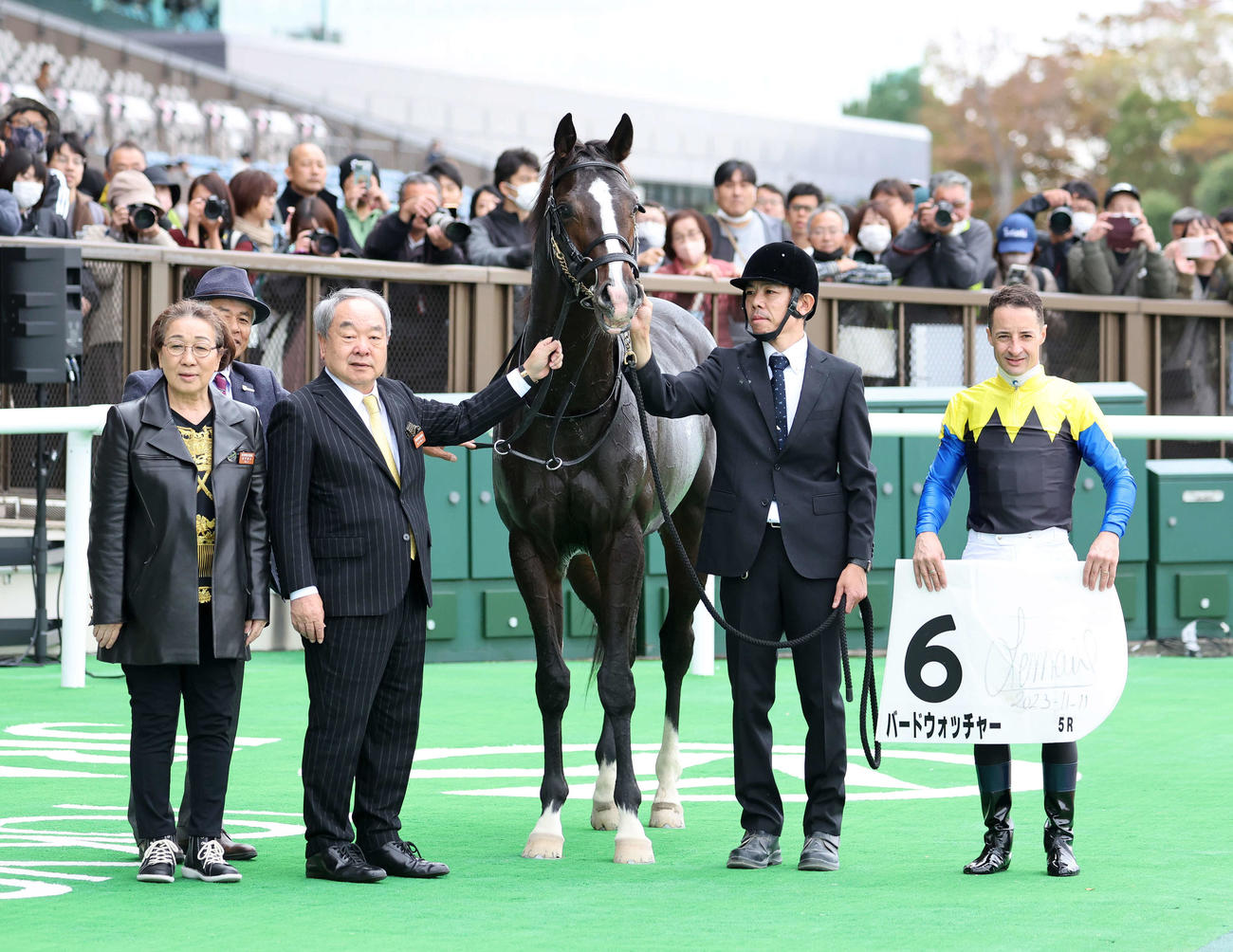 新馬戦を制し口取りに並ぶバードウォッチャーとC・ルメール騎手（撮影・鈴木正人）