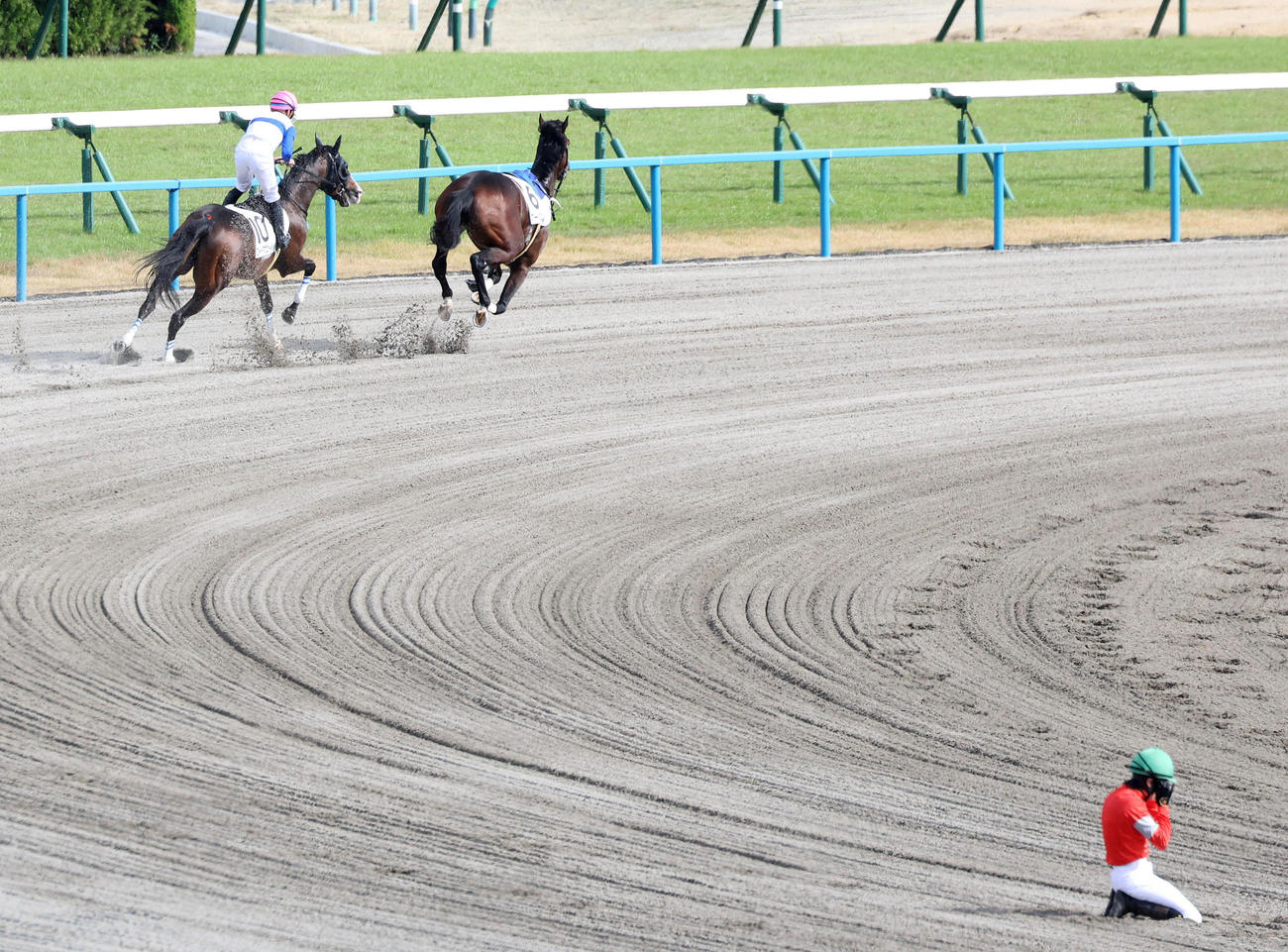 京都6R、1コーナーでカラ馬の不利を受けるロードアヴニール（左）。右下は落馬した森裕騎手（撮影・白石智彦）
