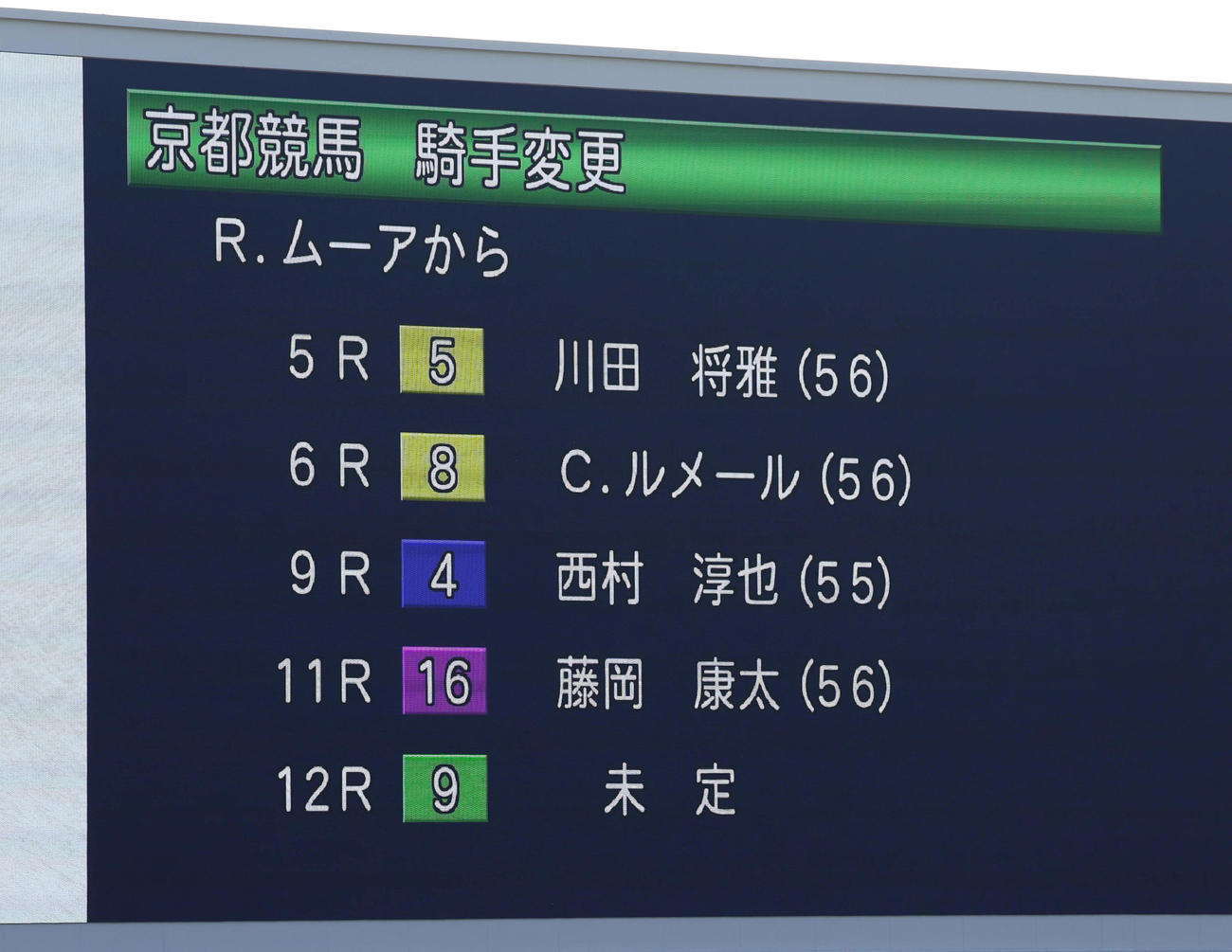 京都2Rで落馬負傷したR・ムーア騎手の騎乗変更を表示する京都競馬場のターフビジョン（撮影・白石智彦）