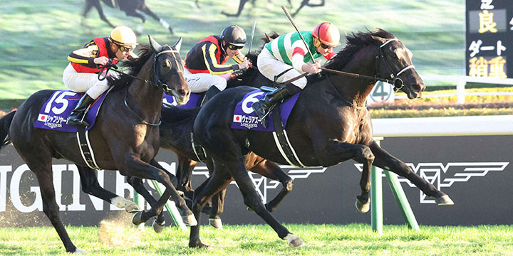 ジャパンCを制したヴェラアズールとムーア騎手。左へ3着ヴェルトライゼンデ、2着シャフリヤール（撮影・丹羽敏通）＝2022年11月27日、東京競馬場