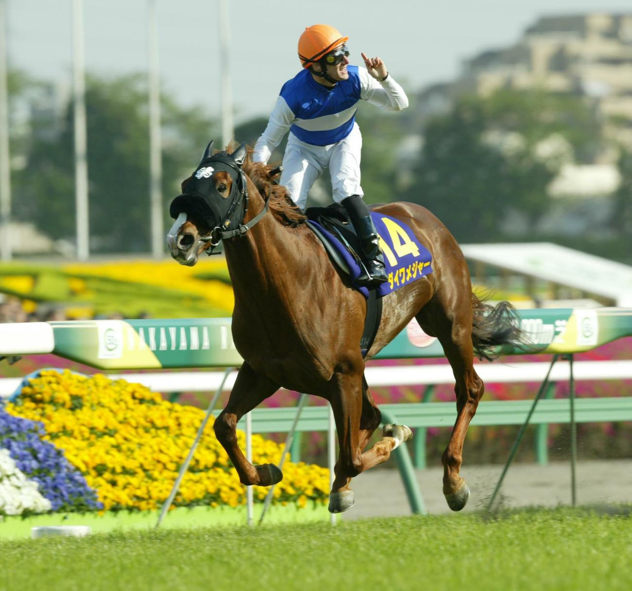 ダイワメジャーの馬上で喜びを爆発させるミルコ・デムーロ騎手（2004年4月撮影）