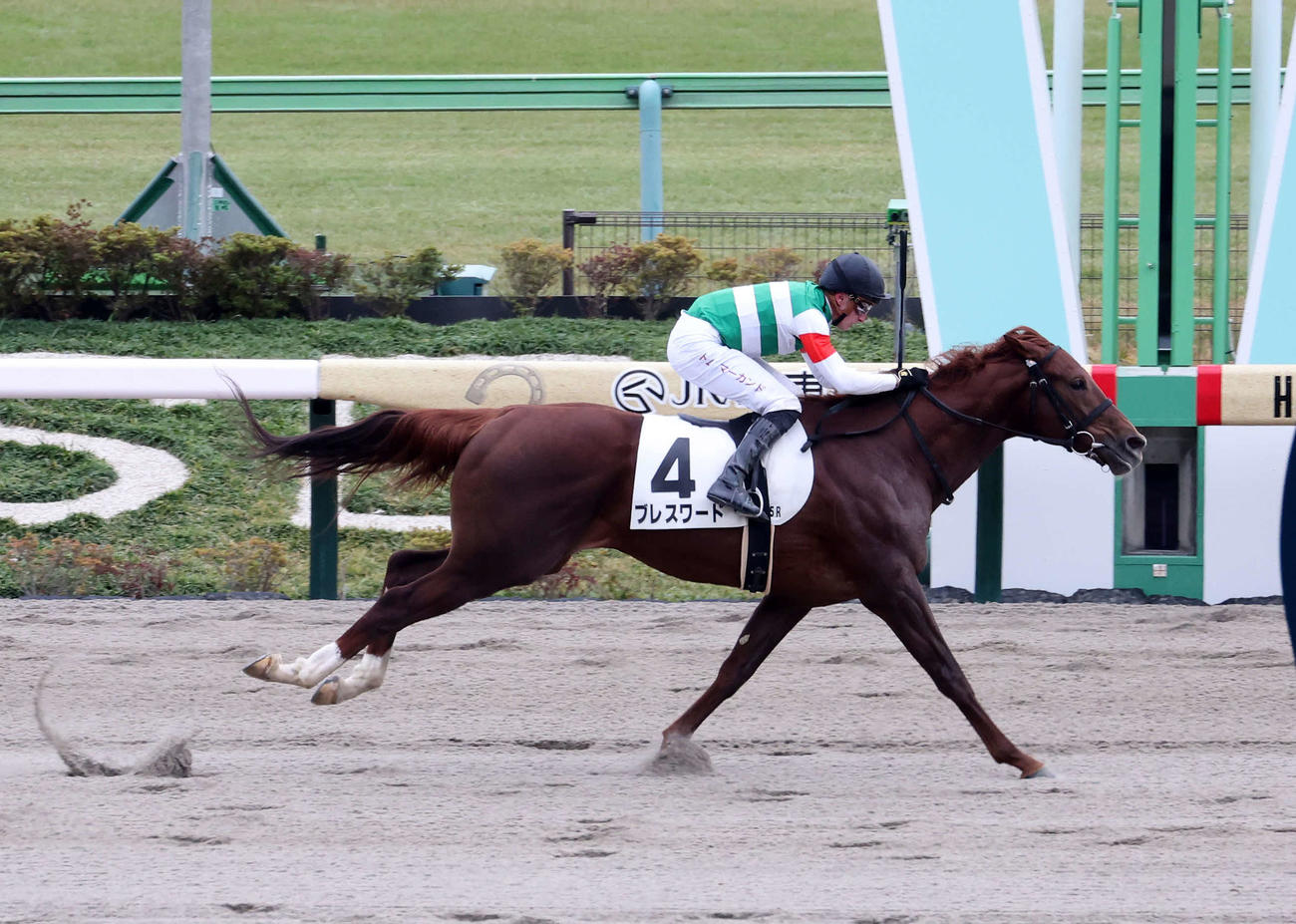 メイクデビュー東京を制したブレスワード（右）とマーカンド騎手（撮影・鈴木正人）