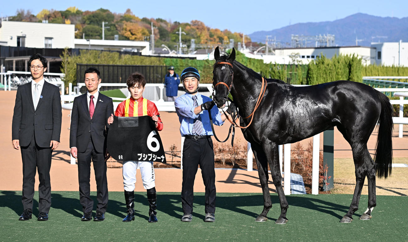 白菊賞を制し、口取りに並ぶプシプシーナと西村淳騎手（撮影・清水貴仁）