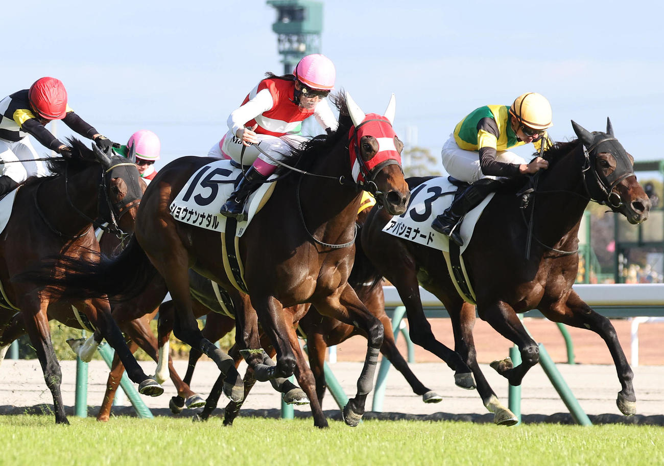 ショウナンナダルに騎乗して大外から伸びて中京9Rを勝利した永島騎手（中央）（撮影・白石智彦）