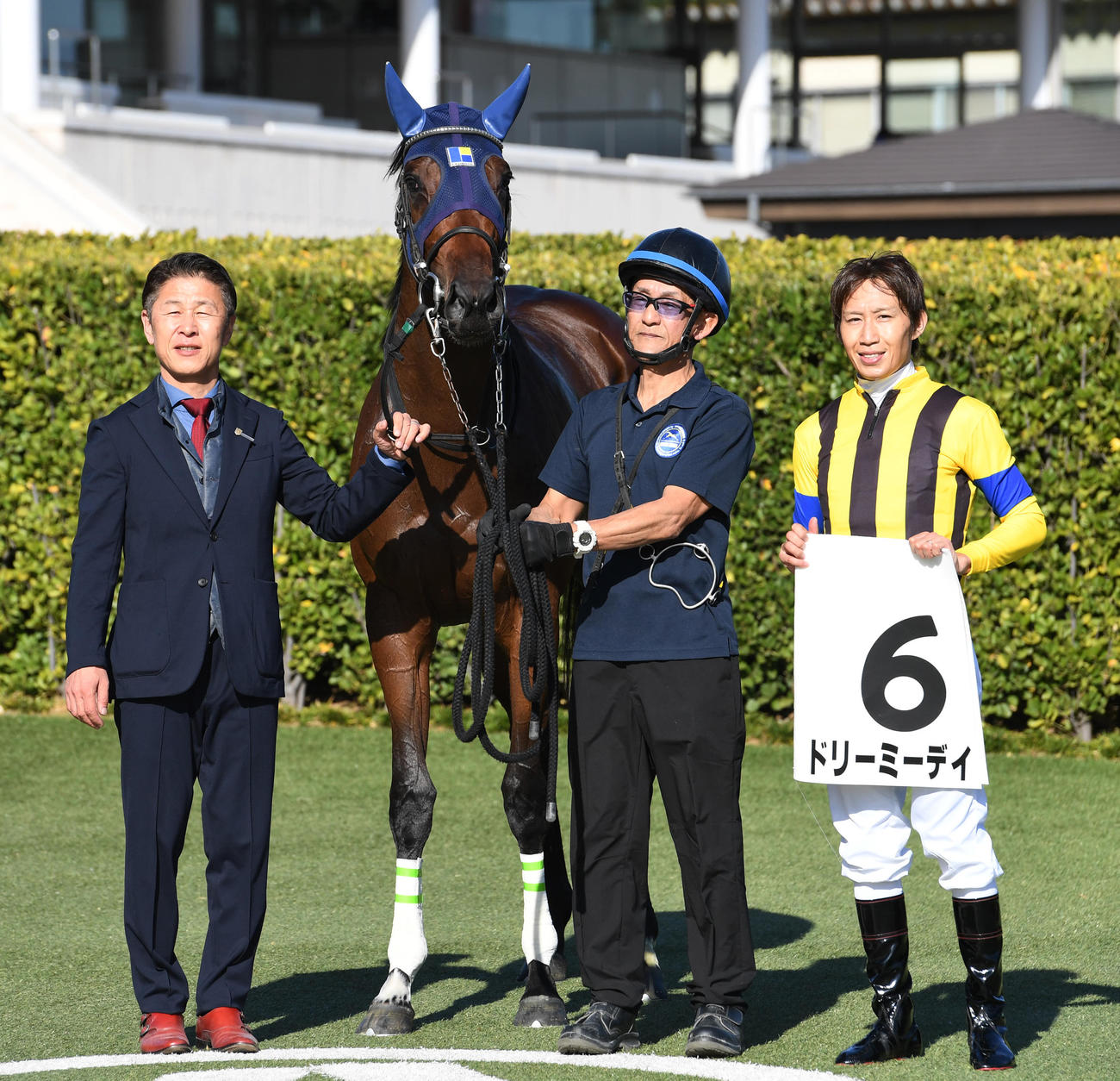 中山5R、新馬戦を制したドリーミーデイと田辺騎手（右）、久保田調教師（左）（撮影・柴田隆二）