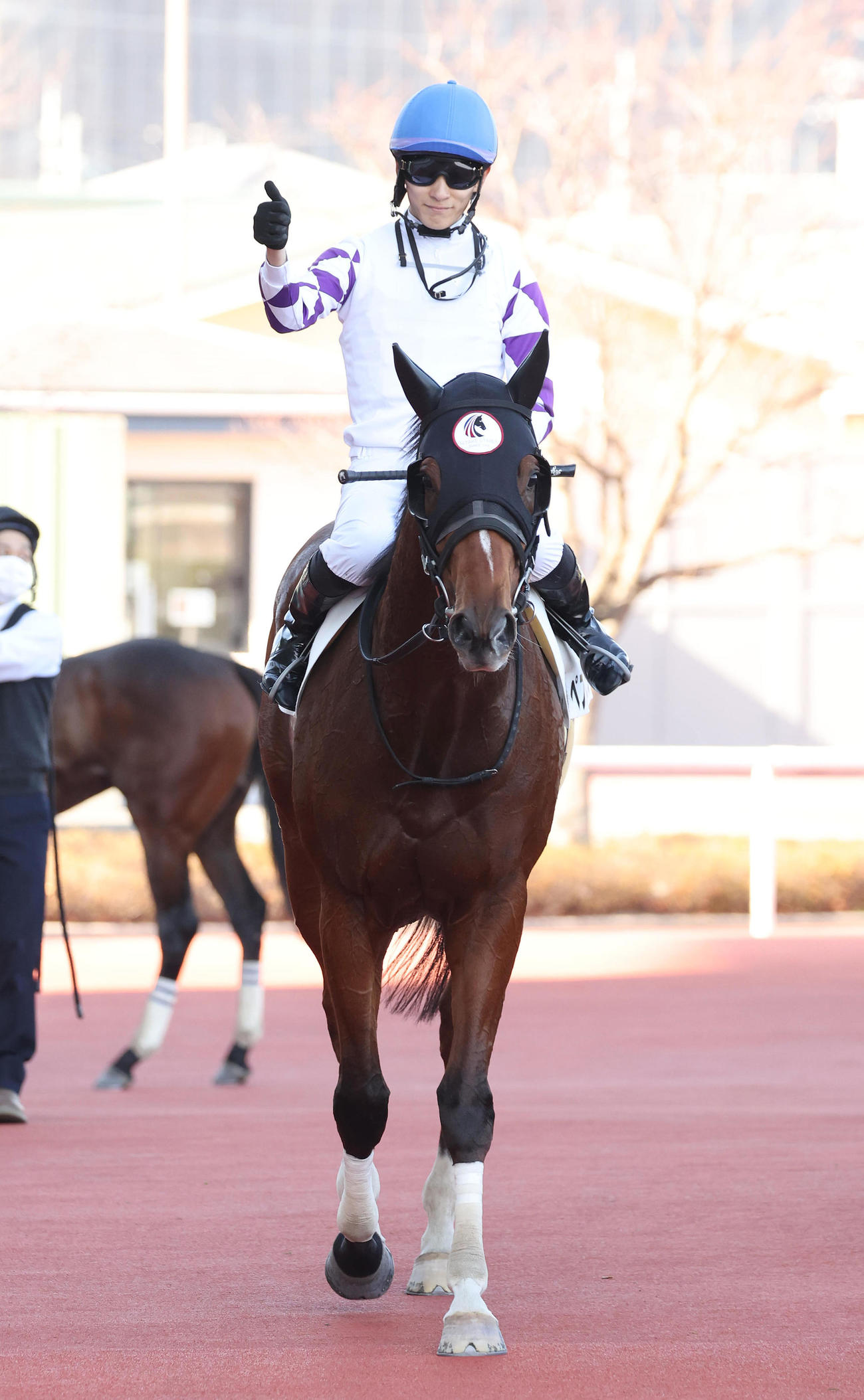 ペプチドシュチクで阪神3Rを制してJRA年間100勝を達成した坂井騎手（撮影・白石智彦）