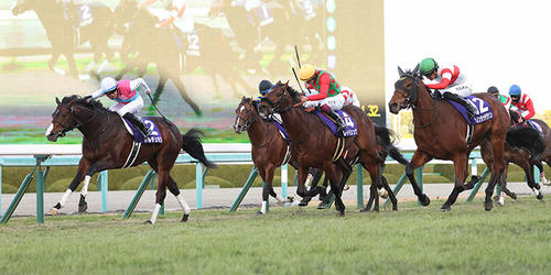 直線抜け出して無傷の3連勝で朝日杯FSを制したドルチェモア（左）（撮影・白石智彦）＝2022年12月18日、阪神競馬場
