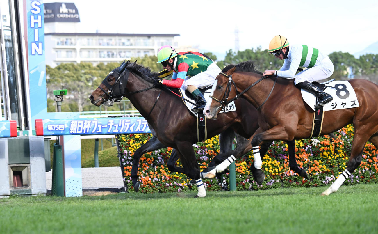 阪神5R、ゴール前の接戦を制し新馬戦に勝利するトップオブザロック（中央）（撮影・和賀正仁）