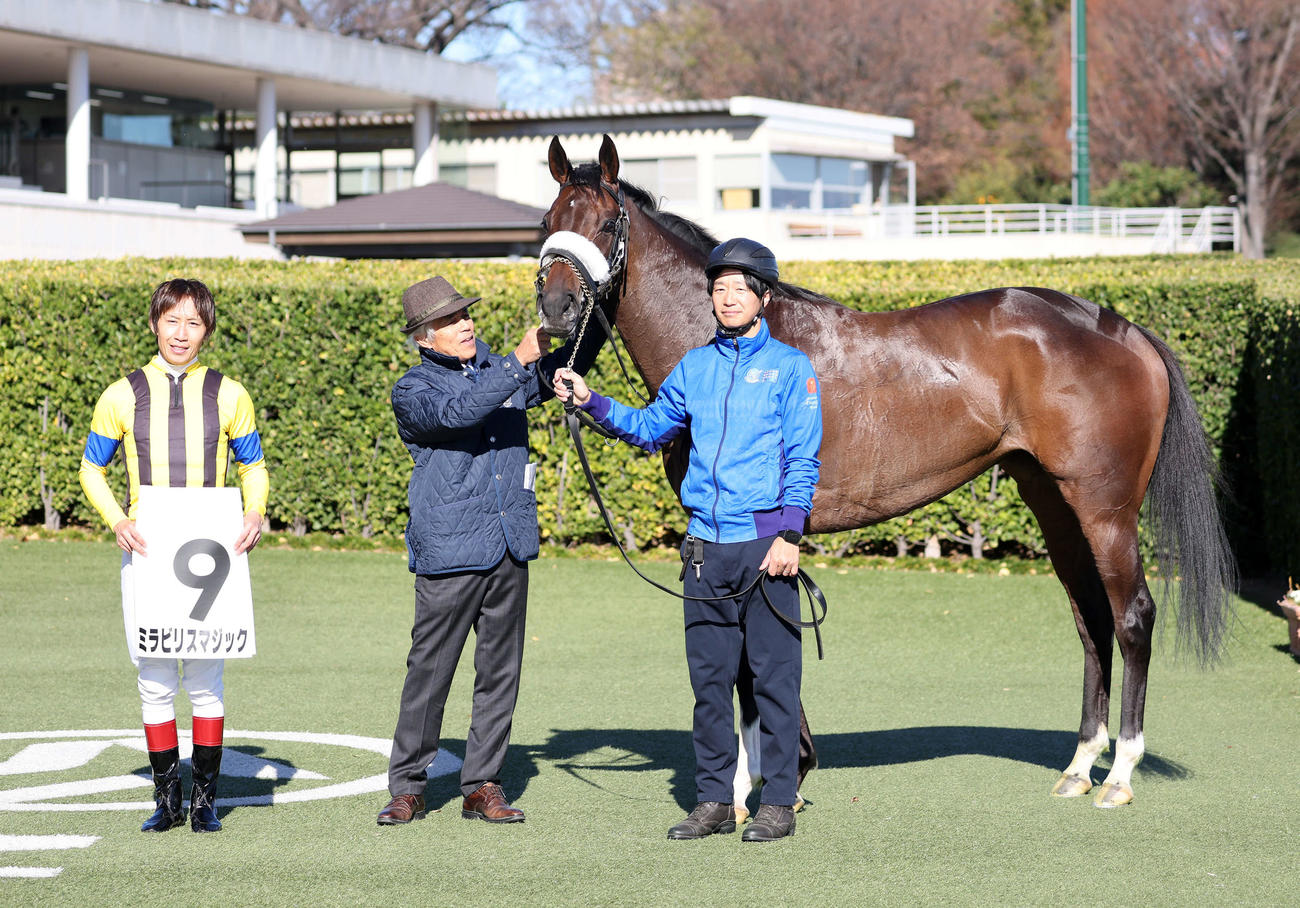 中山5R、新馬戦を制したミラビリスマジックと田辺裕信騎手（撮影・鈴木正人）