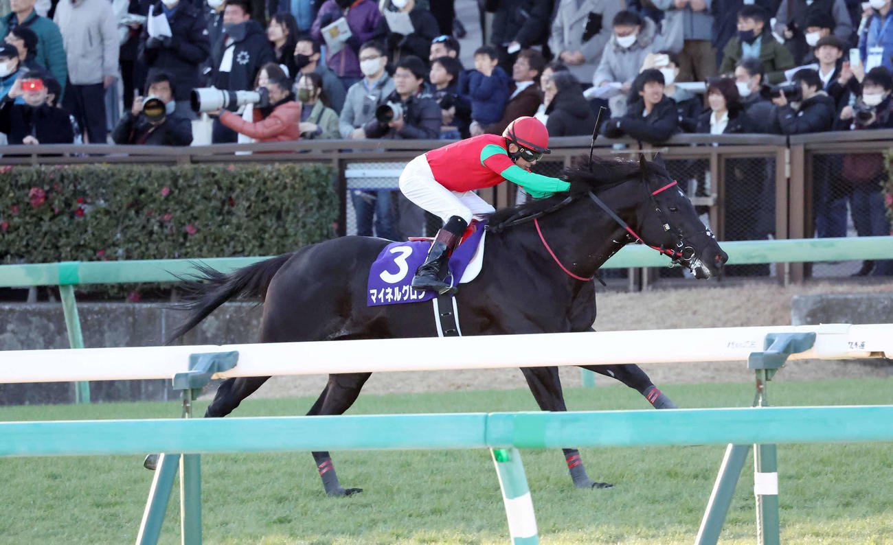中山10R、中山大障害でゴールへ向かうマイネルグロンと石神騎手（撮影・丹羽敏通）