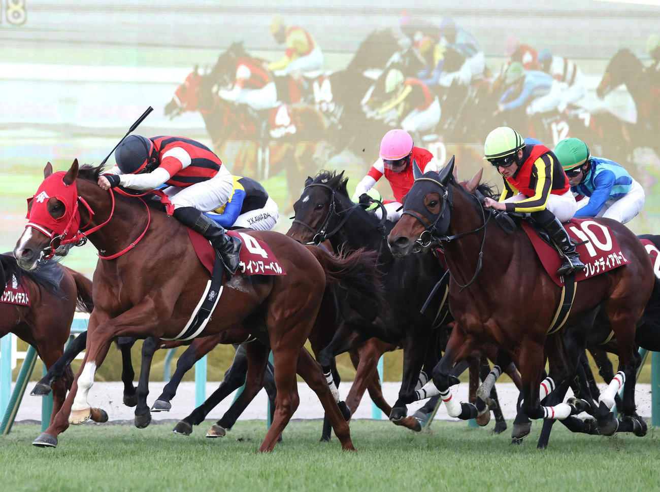 阪神C2着に入ったグレナディアガーズ（右端）。左は勝ったウインマーベル（撮影・白石智彦）
