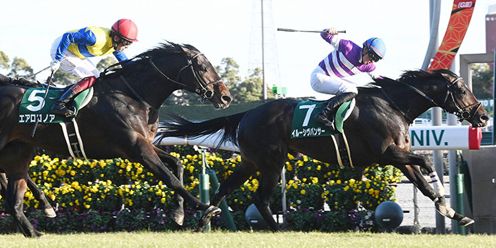 京都金杯を制したイルーシヴパンサーと鞍上でガッツポーズの岩田望騎手（撮影・前岡正明）＝2023年1月5日、中京競馬場