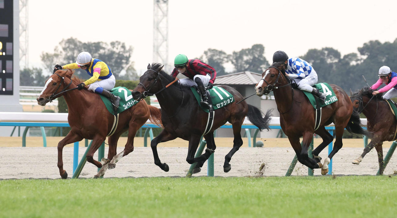 京都11R、直線内から抜け出して京都金杯を制したコレペティトール（左）（撮影・白石智彦）