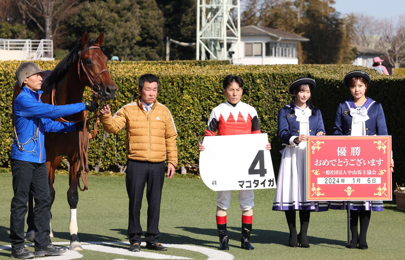 中山4R、3歳新馬戦を制したマコタイガの口取りをする吉田豊騎手（撮影・丹羽敏通）