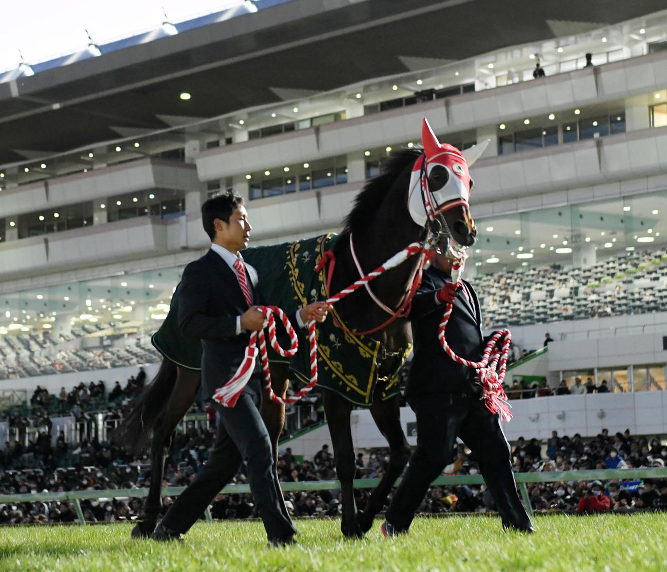 岡調教助手に引かれて引退式に臨むパンサラッサ（撮影・柴田隆二）