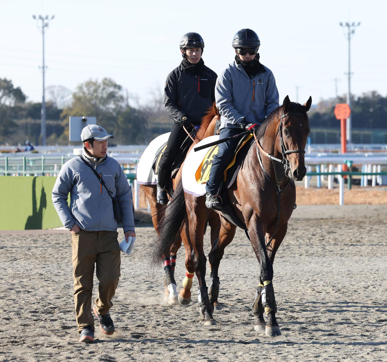 追い切りを終えて馬場を出るハーツコンチェルトと武井師（撮影・丹羽敏通）