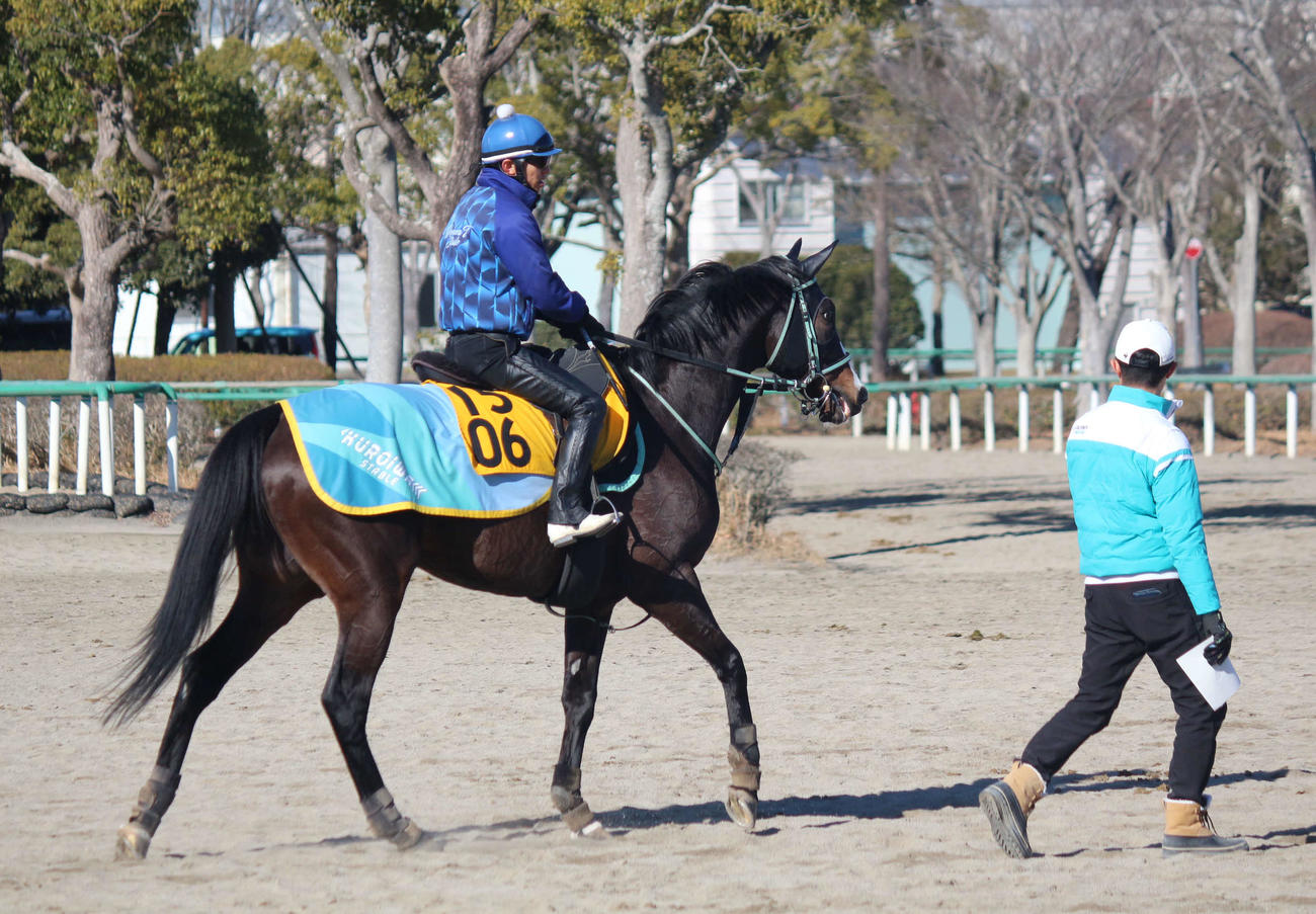 牛若丸ジャンプSの1週前追い切りを終えたフォッサマグナと伴騎手と黒岩師（右）