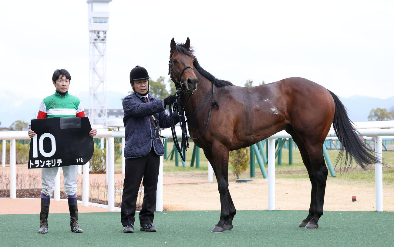 京都11R、石清水Sを制したトランキリテと口取りに並ぶ武豊騎手（左）（撮影・白石智彦）