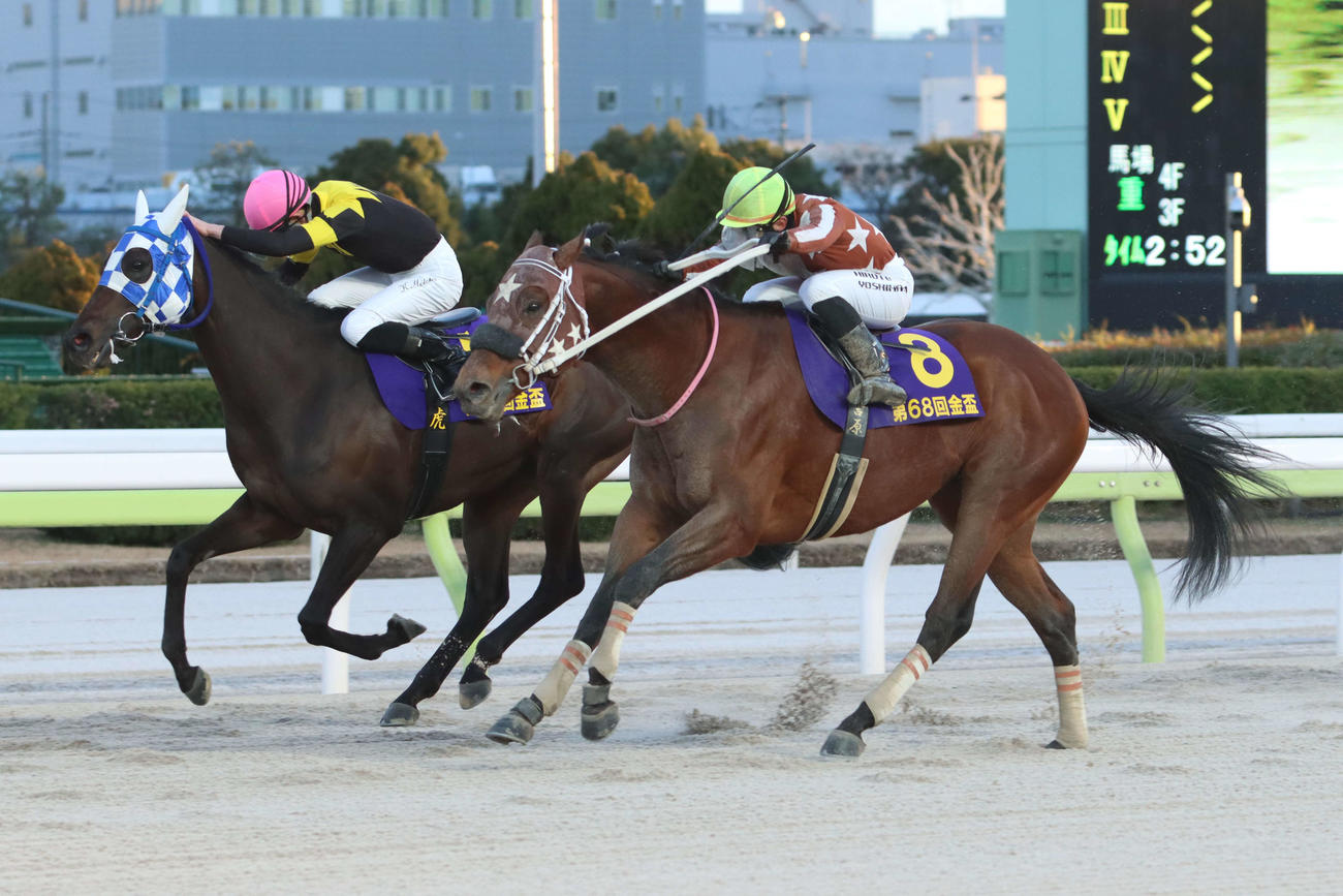 セイカメテオポリス（右手前）との追い比べを制して金盃を勝利したランリョウオーと本橋騎手（左奥）