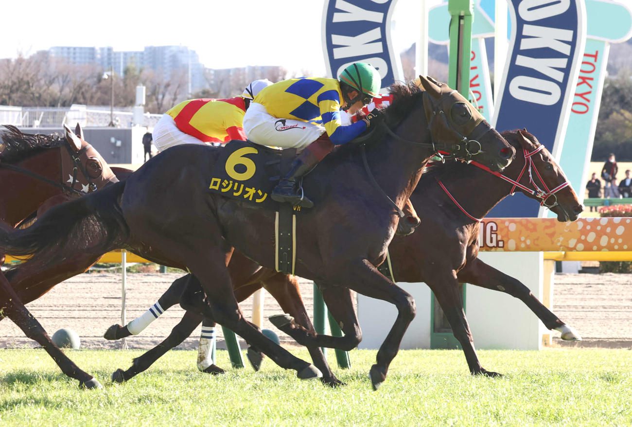 クロッカスSを制したロジリオンと三浦騎手（手前）（撮影・丹羽敏通）