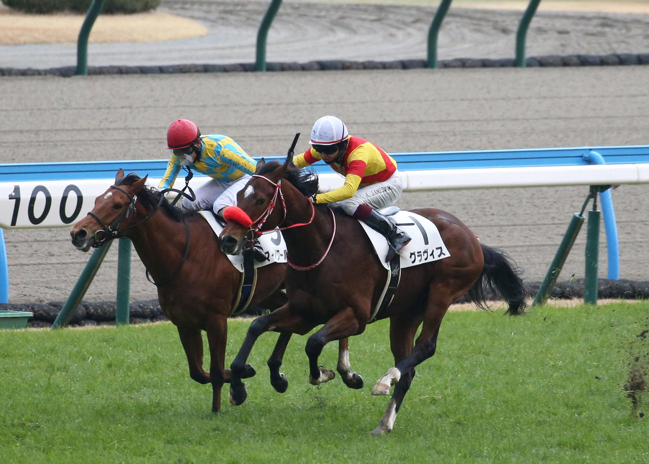 小倉6R・3歳未勝利でマイノワール（左）との接戦を制したグラヴィスと鮫島駿騎手（撮影・冨田成美）