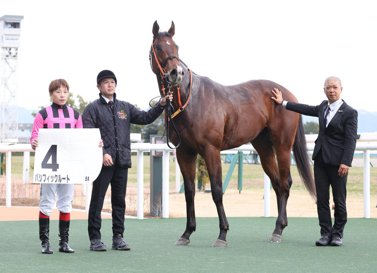 京都5R、新馬戦を勝利したパシフィックルートと口取りに並ぶ池添騎手（左）（撮影・白石智彦）