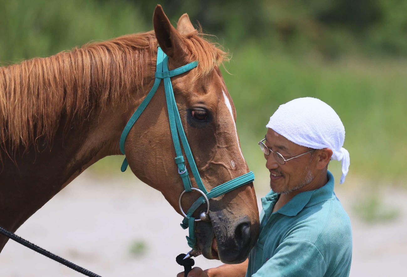 生前のドリームシグナルと角居元調教師（正木徹さん撮影、角居氏提供）