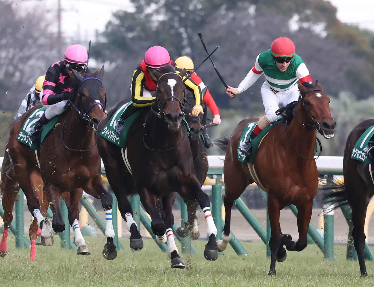 東京11R、アルセナール（右）との競り合いを制してクイーンCを制したクイーンズウォーク（中央）
