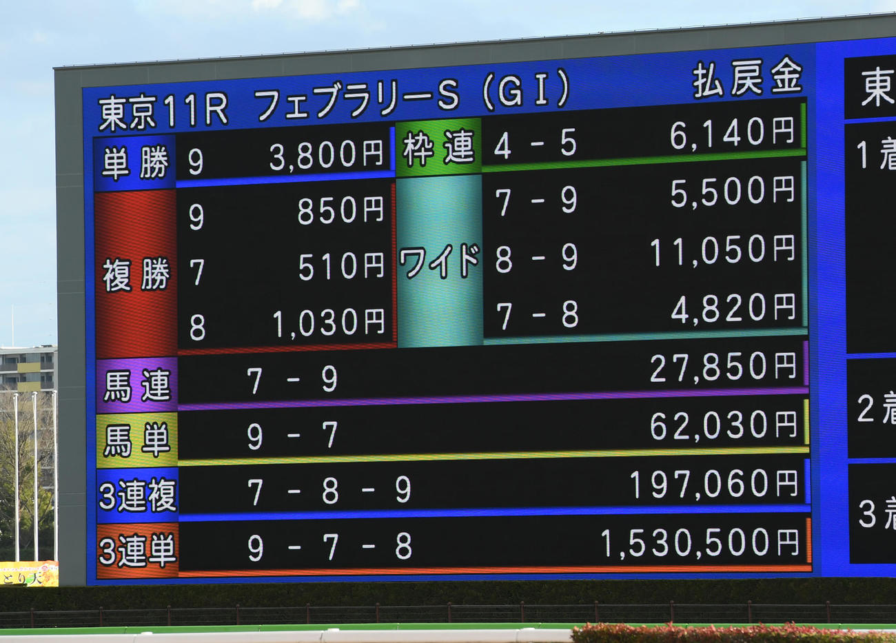 東京11RフェブラリーSを制したペプチドナイルで高額馬券がターフビジョンに表示された（撮影・柴田隆二）