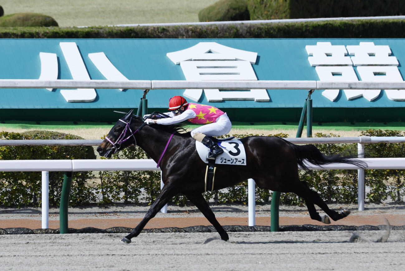 小倉3R4歳以上1勝クラス、1着のジューンアースと秋山真一郎騎手（撮影・藤尾明華）