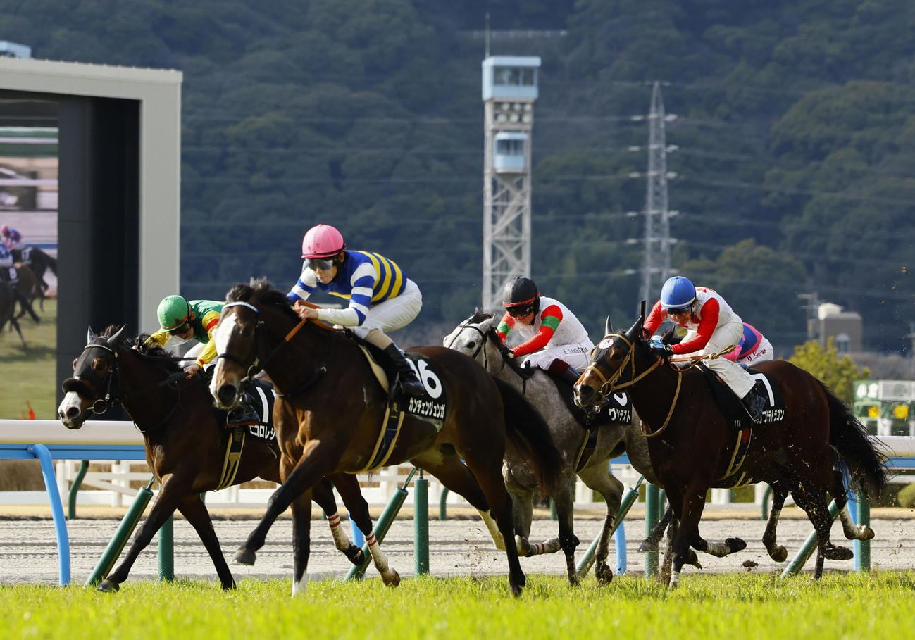 下関Sを制したカンチェンジュンガと北村友騎手（中央）。左は2着のエコロレジーナ（撮影・藤尾明華）