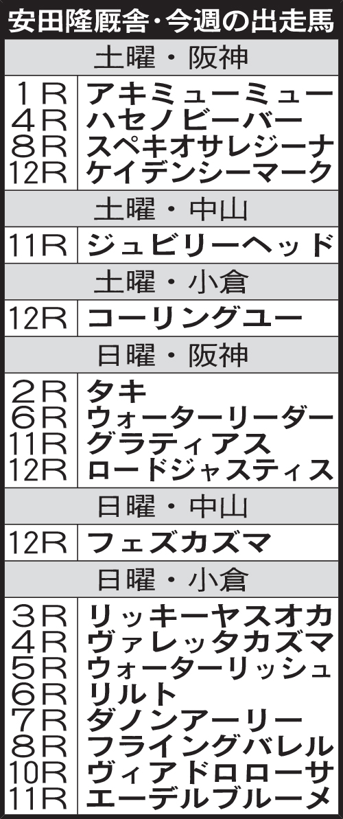 安田隆厩舎・今週の出走馬